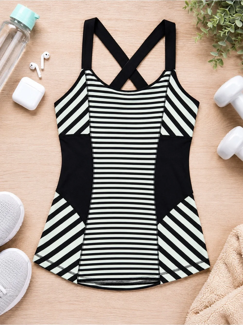 Lululemon Work It Out Sea Stripe Tank Size 6 Black Mint Green